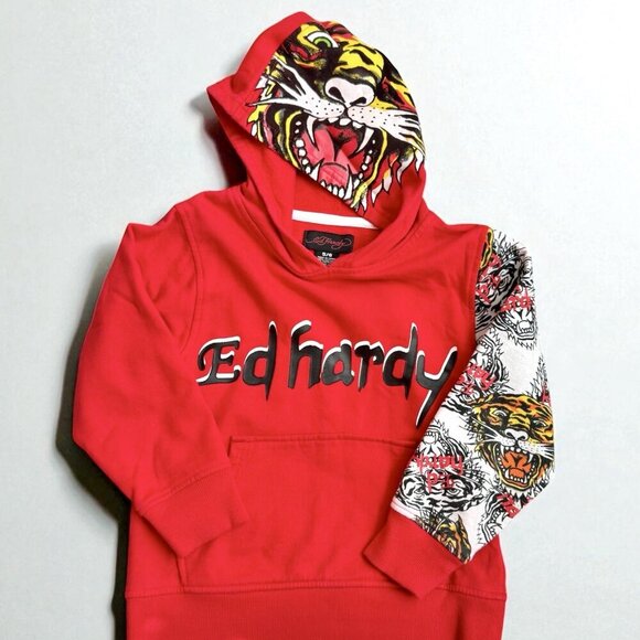 Ed Hardy Kids Tiger Hoodie Girls Boys Size 5 6 Sweatshirt Spell Out Tattoo Retro - Picture 1 of 8